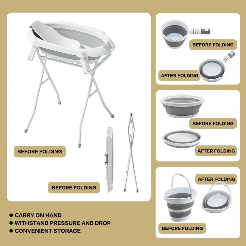 Baby Bath Tub 5 in 1 Set with Scoop - No Bending Required Foldable Bath Tub with Stand Baby-Specific Bath Tub for Baby Bathing
