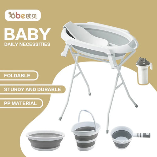 Baby Bath Tub 5 in 1 Set with Scoop - No Bending Required Foldable Bath Tub with Stand Baby-Specific Bath Tub for Baby Bathing